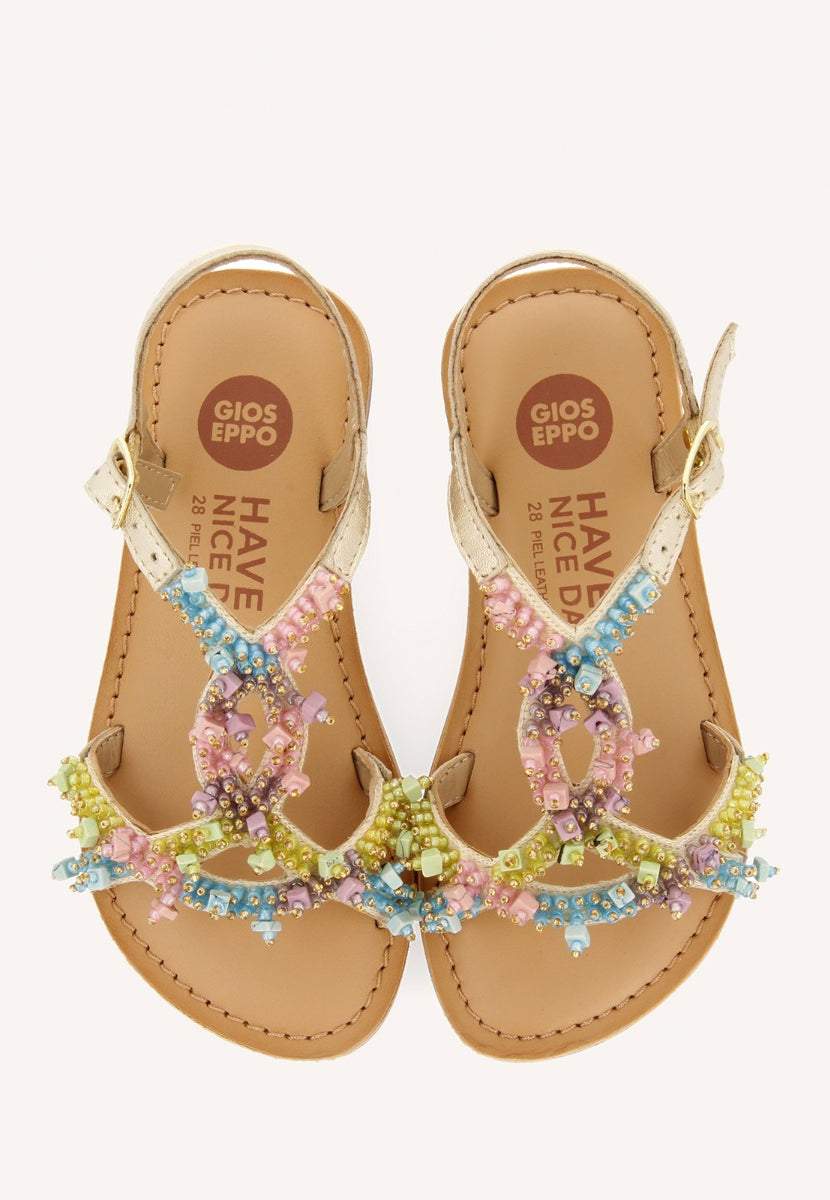 GOLDEN LEATHER SANDALS WITH MULTICOLOR BEAD EMBELLISHMENTS FOR GIRL AND BOY TICE