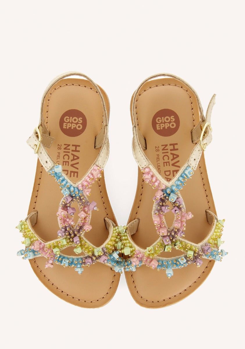SANDALES DORÉES EN CUIR AVEC ORNEMENTS DE PERLES MULTICOLORES POUR FILLE ET GARÇON TICE
