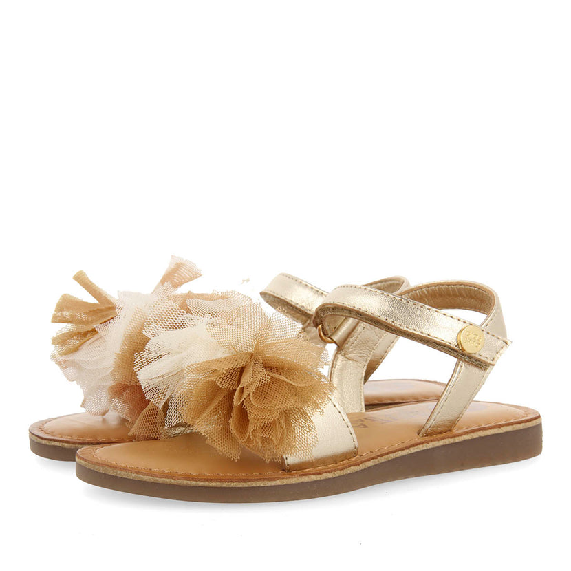 GOLDEN LEATHER SANDALS WITH MULTICOLORED TULLE ADORNMENTS FOR GIRL AND BOY BICAJ