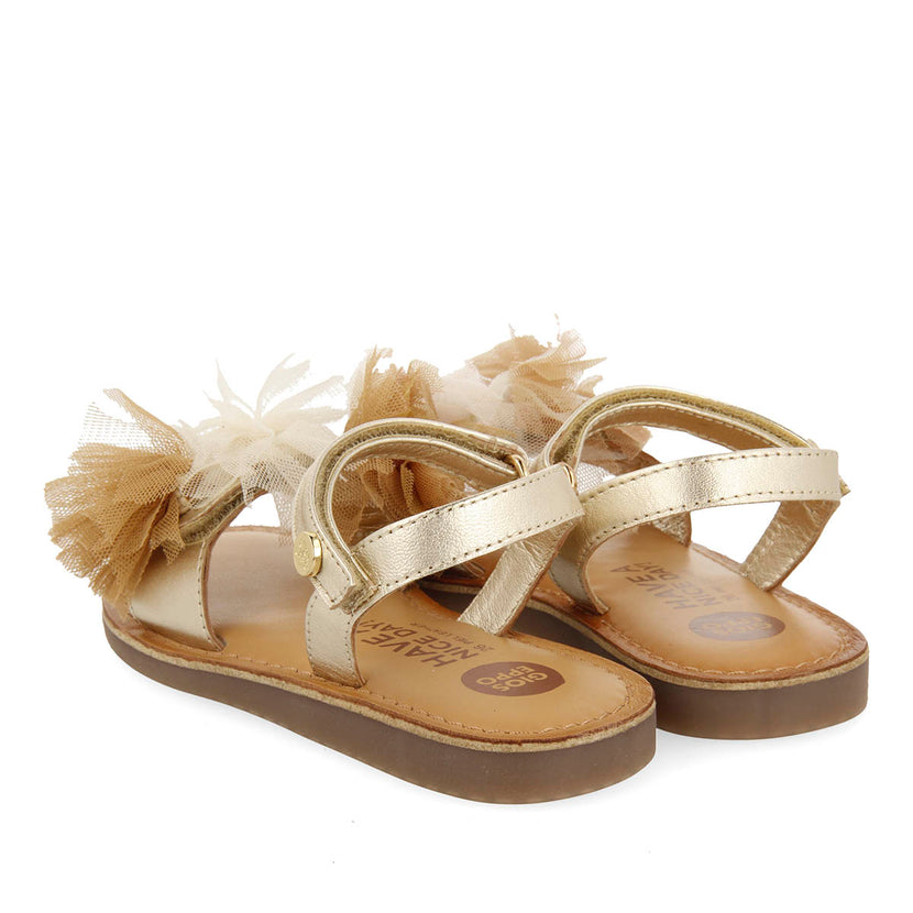GOLDEN LEATHER SANDALS WITH MULTICOLORED TULLE ADORNMENTS FOR GIRL AND BOY BICAJ