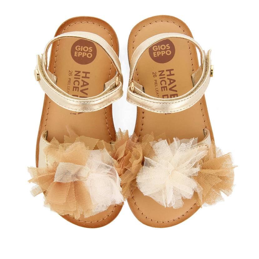 GOLDEN LEATHER SANDALS WITH MULTICOLORED TULLE ADORNMENTS FOR GIRL AND BOY BICAJ