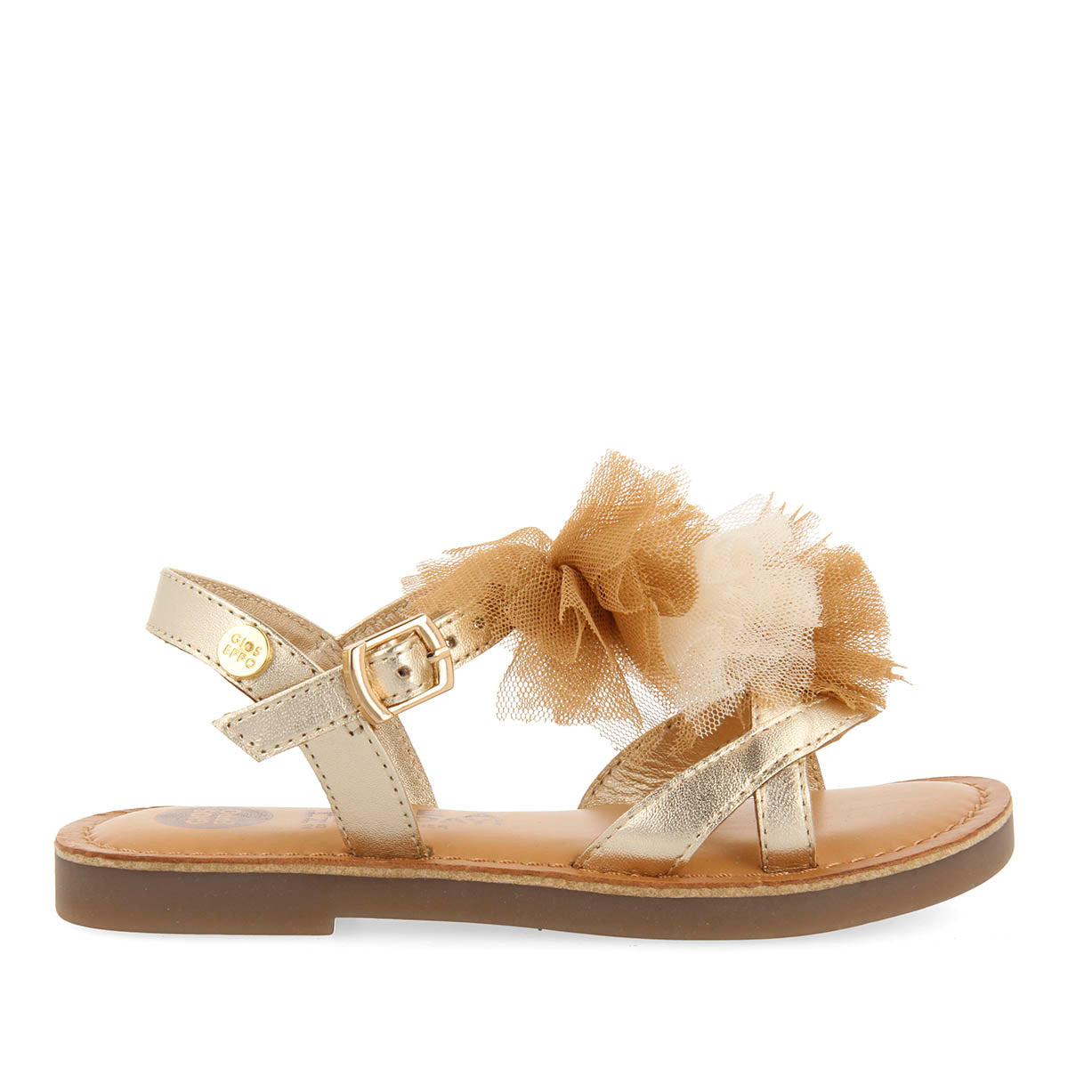 SANDALIAS DORADAS DE PIEL CON POMPONES EN TONOS NUDE PARA NIÑA Y NIÑO TECATE