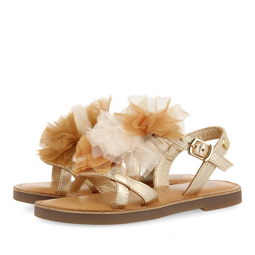 GOLDEN LEATHER SANDALS WITH NUDE TONE POMPOMS FOR GIRL AND BOY TECATE