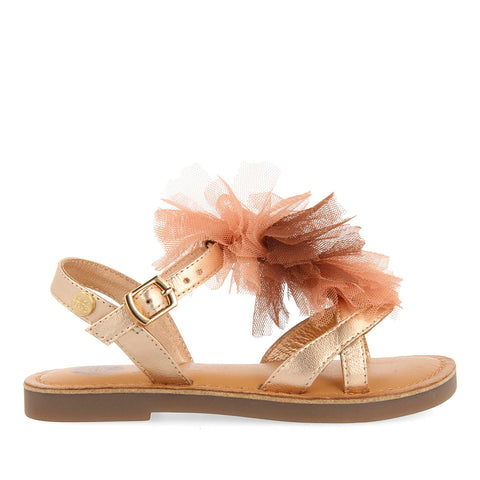 GOLDEN PINK LEATHER SANDALS WITH PINK POMPOMS FOR GIRL AND BOY TECATE