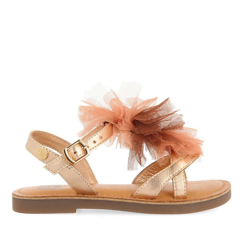 GOLDEN PINK LEATHER SANDALS WITH PINK POMPOMS FOR GIRL AND BOY TECATE