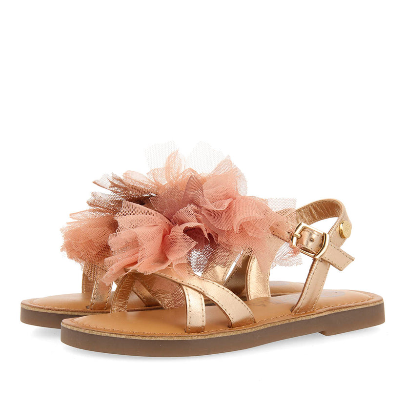 GOLDEN PINK LEATHER SANDALS WITH PINK POMPOMS FOR GIRL AND BOY TECATE