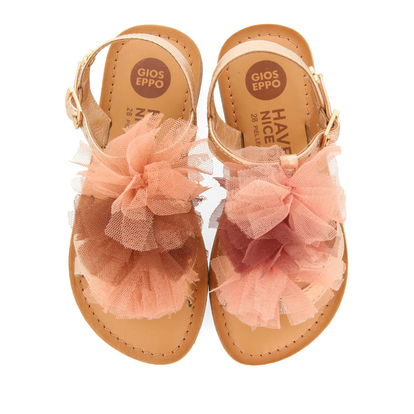 GOLDEN PINK LEATHER SANDALS WITH PINK POMPOMS FOR GIRL AND BOY TECATE