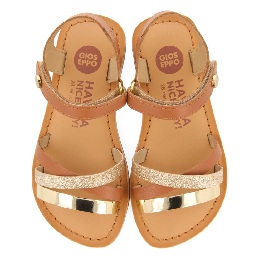 SANDALI IN PELLE COLOR CUOIO CON DETTAGLI GLITTER E METALLIZZATI PER RAGAZZA E RAGAZZO LAWTEY