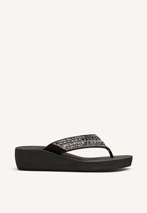 BLACK WEDGE SANDALS WITH CRYSTAL EMBELLISHMENT FOR WOMEN DEVICES