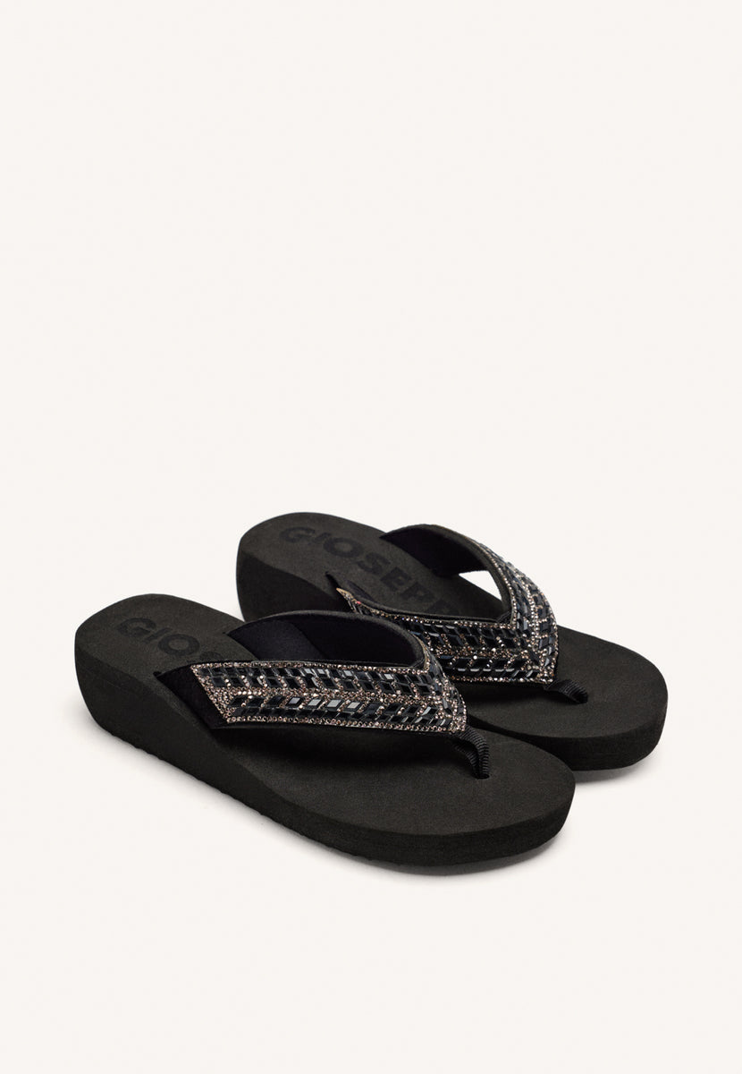 BLACK WEDGE SANDALS WITH CRYSTAL EMBELLISHMENT FOR WOMEN DEVICES