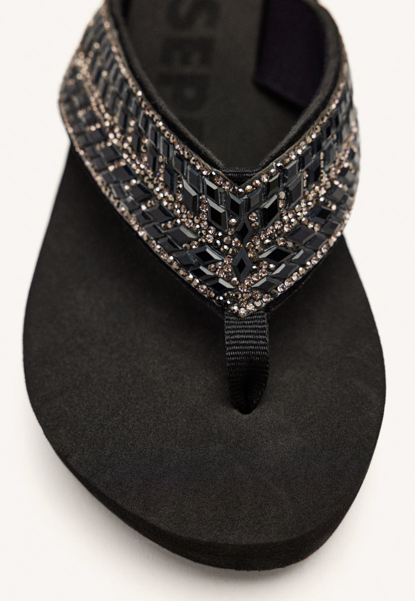 BLACK WEDGE SANDALS WITH CRYSTAL EMBELLISHMENT FOR WOMEN DEVICES