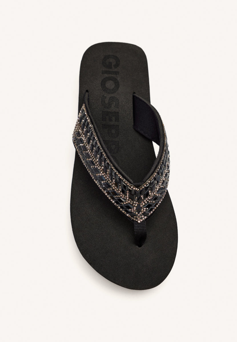 BLACK WEDGE SANDALS WITH CRYSTAL EMBELLISHMENT FOR WOMEN DEVICES