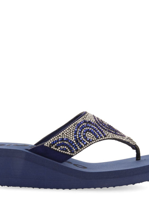 SANDALES BLEU MARINE AVEC SEMELLE COMPENSÉE ET ORNEMENTS DE STRASS POUR FEMME CUDJOE 
