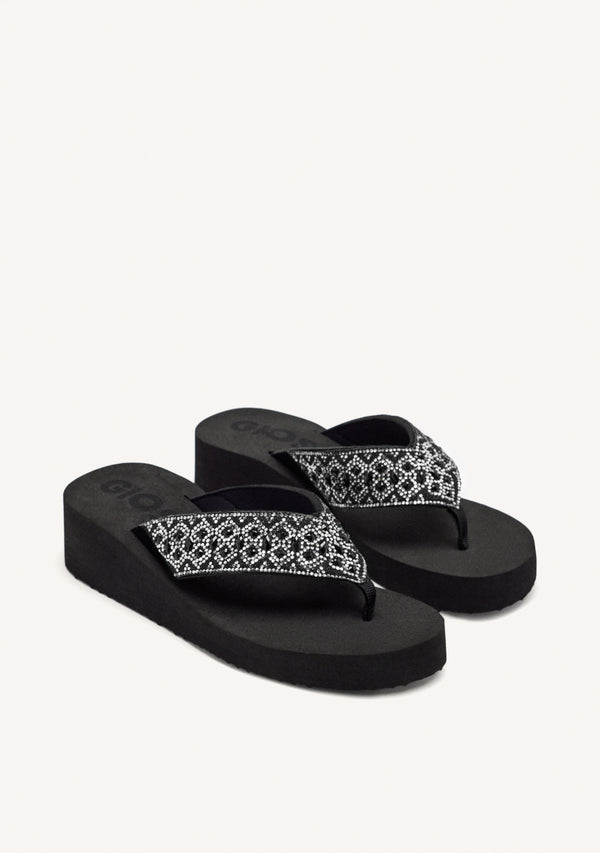 BLACK WEDGE SANDALS WITH CRYSTAL EMBELLISHMENT FOR WOMEN DRENOVE
