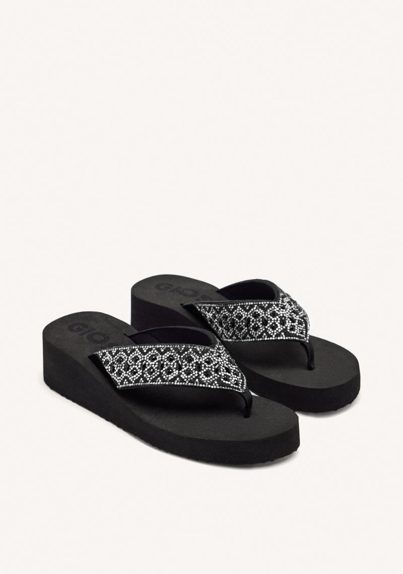 BLACK WEDGE SANDALS WITH CRYSTAL EMBELLISHMENT FOR WOMEN DRENOVE