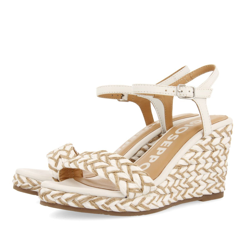 SANDALIAS BLANCAS Y COLOR NATURAL DE CUÑA ALTA CON TRENZADOS PARA MUJER TIGARD