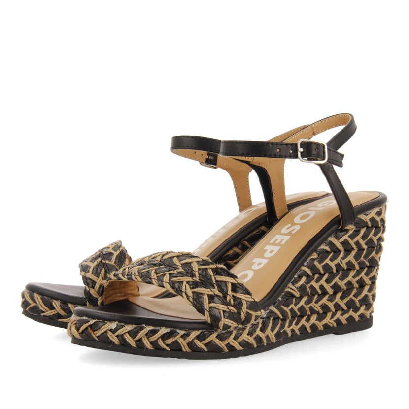 SANDALIAS NEGRAS Y COLOR NATURAL DE CUÑA ALTA CON TRENZADOS PARA MUJER TIGARD