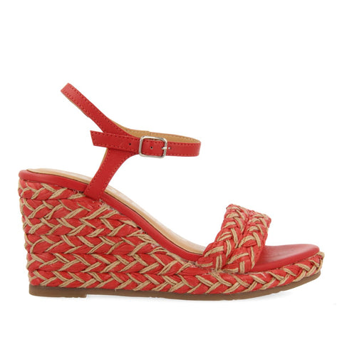 SANDALIAS ROJAS Y COLOR NATURAL DE CUÑA ALTA CON TRENZADOS PARA MUJER TIGARD
