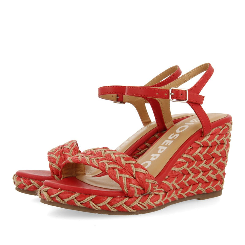 SANDALIAS ROJAS Y COLOR NATURAL DE CUÑA ALTA CON TRENZADOS PARA MUJER TIGARD
