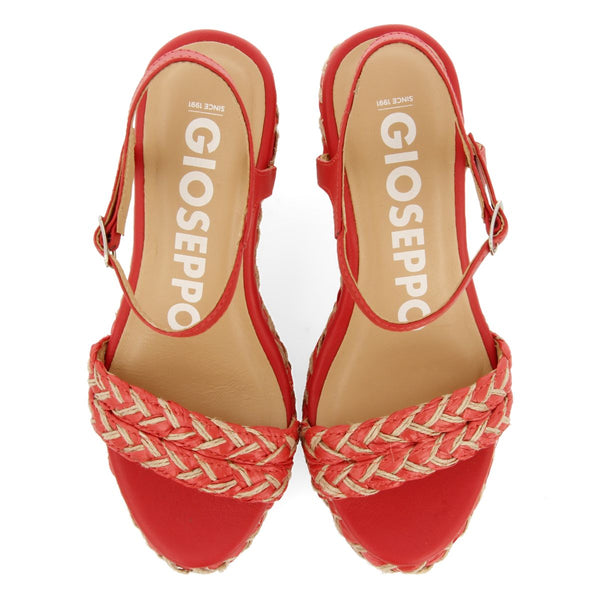SANDALIAS ROJAS Y COLOR NATURAL DE CUÑA ALTA CON TRENZADOS PARA MUJER TIGARD