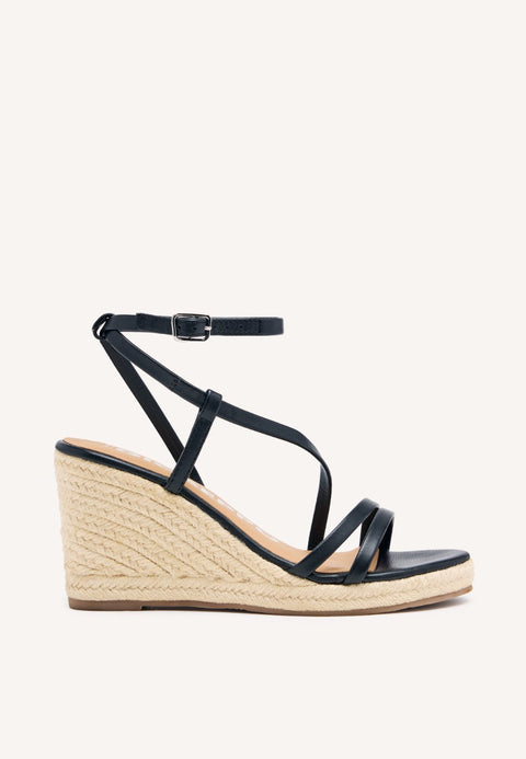 SANDALIAS NEGRAS DE PIEL CON TIRAS Y CUÑA ALTA DE YUTE PARA MUJER ORIKUM