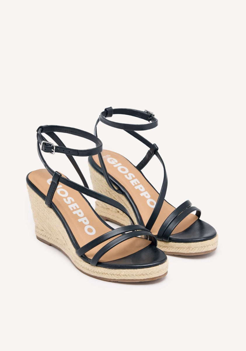 SANDALIAS NEGRAS DE PIEL CON TIRAS Y CUÑA ALTA DE YUTE PARA MUJER ORIKUM