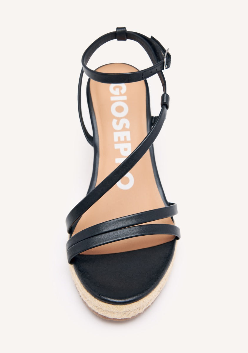 SANDALIAS NEGRAS DE PIEL CON TIRAS Y CUÑA ALTA DE YUTE PARA MUJER ORIKUM