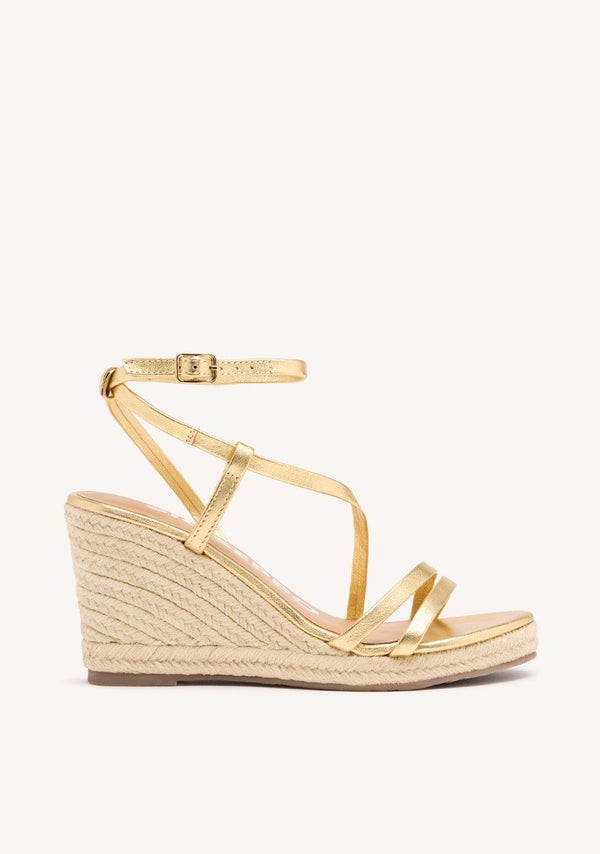SANDALIAS DORADAS DE PIEL CON TIRAS Y CUÑA ALTA DE YUTE PARA MUJER ORIKUM