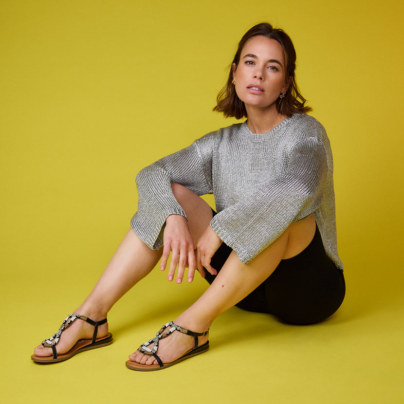 SANDALIAS NEGRAS CON PIEDRAS MULTICOLOR PARA MUJER MULION