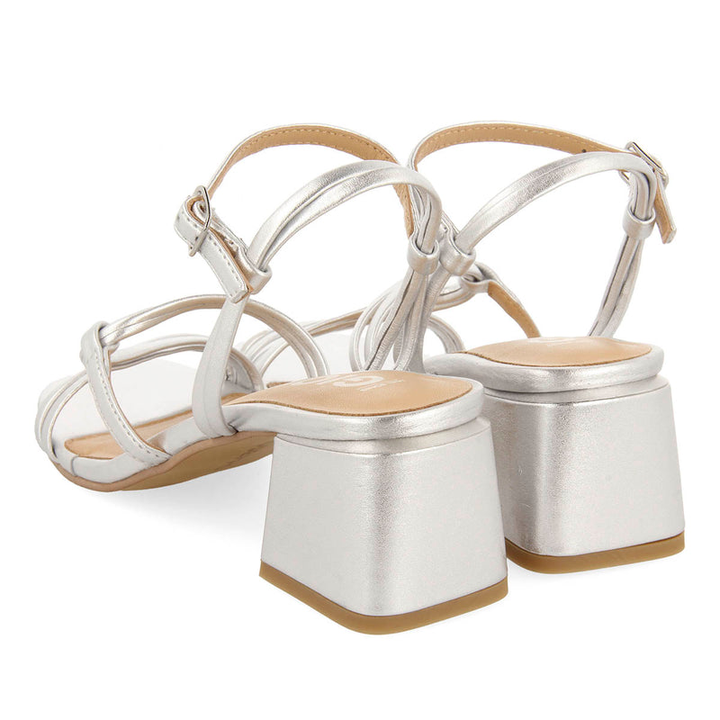 SANDALIAS PLATEADAS DE TACÓN CON TIRAS TRENZADAS PARA MUJER PUSTEC
