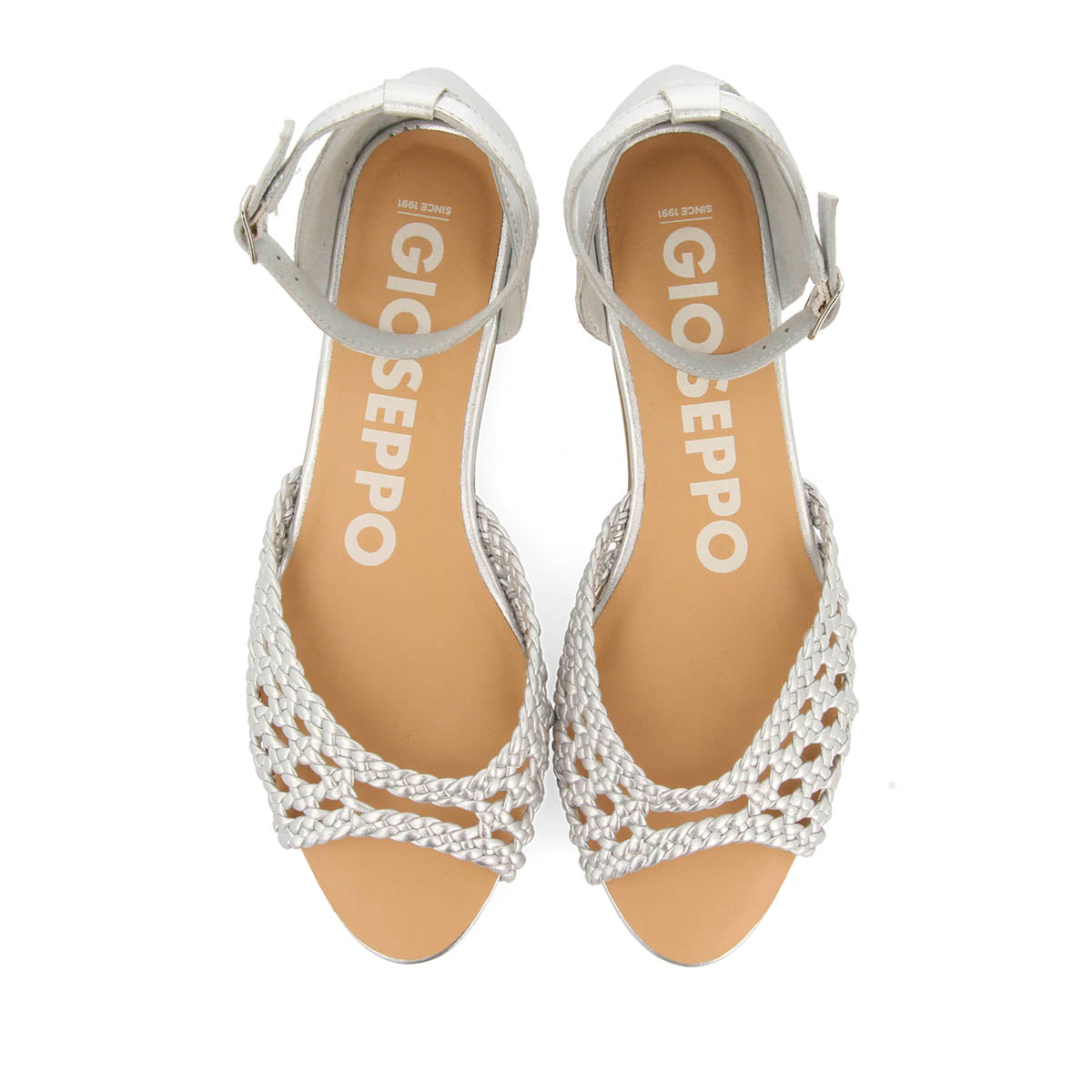 BAILARINAS PLATEADAS DE PUNTA ABIERTA DE PIEL CON TRENZADOS Y CIERRE CON PULSERA PARA MUJER MAUPIN