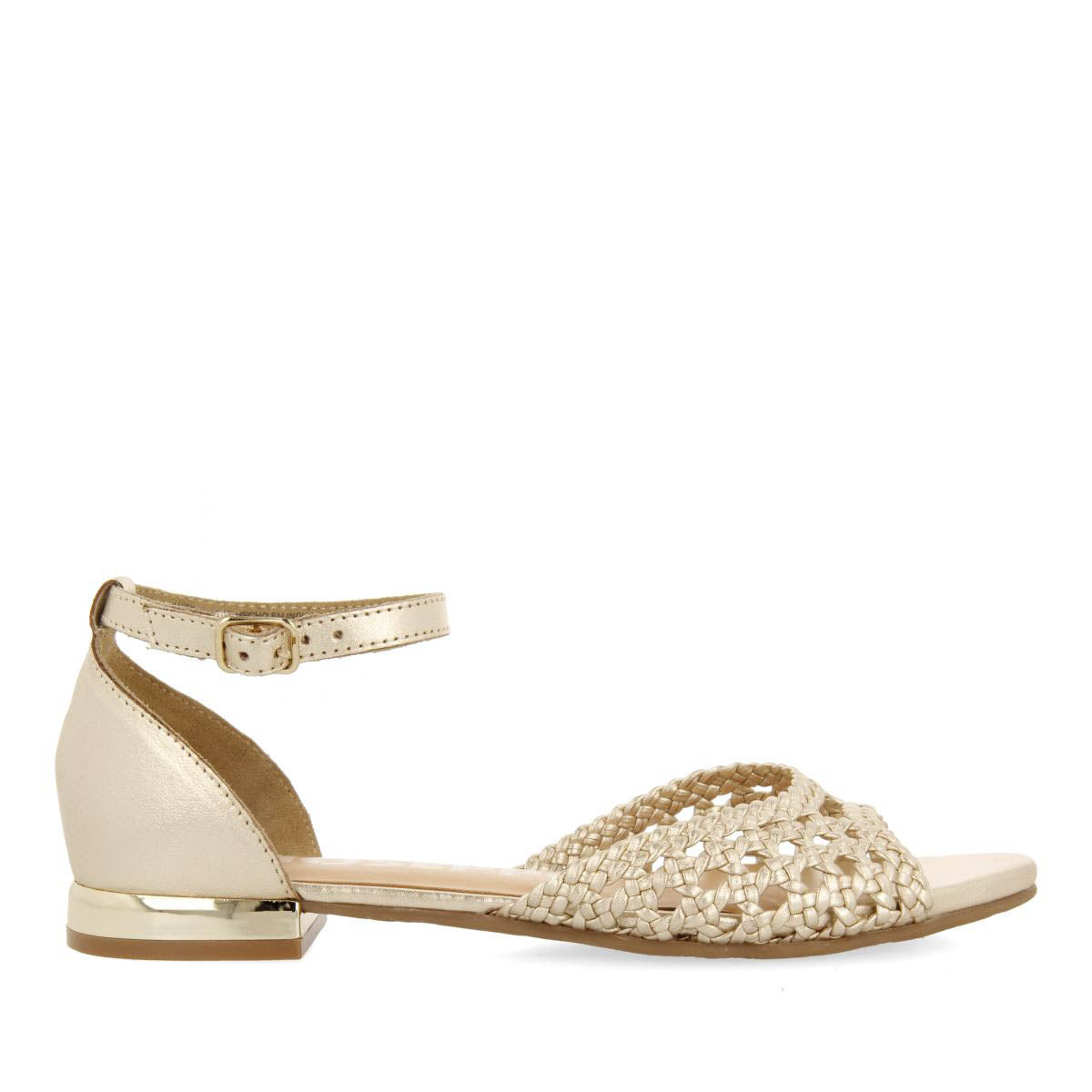 PLATINUM OPEN TOE LEATHER BALLET FLATS WITH BRAIDED DETAIL AND ANKLE STRAP CLOSURE FOR WOMEN MAUPIN