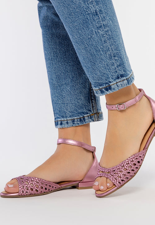 BAILARINAS ROSAS DE PUNTA ABIERTA DE PIEL CON TRENZADOS Y CIERRE CON PULSERA PARA MUJER MAUPIN