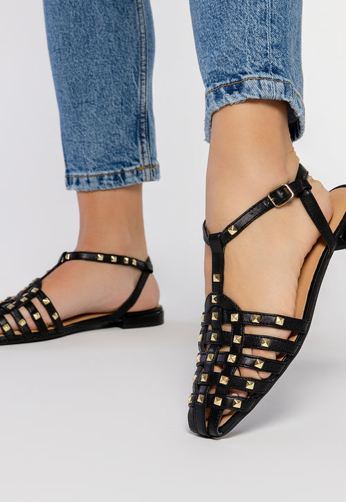 BLACK LEATHER CRAB-STYLE SANDALS WITH STUDS FOR WOMEN CANBY
