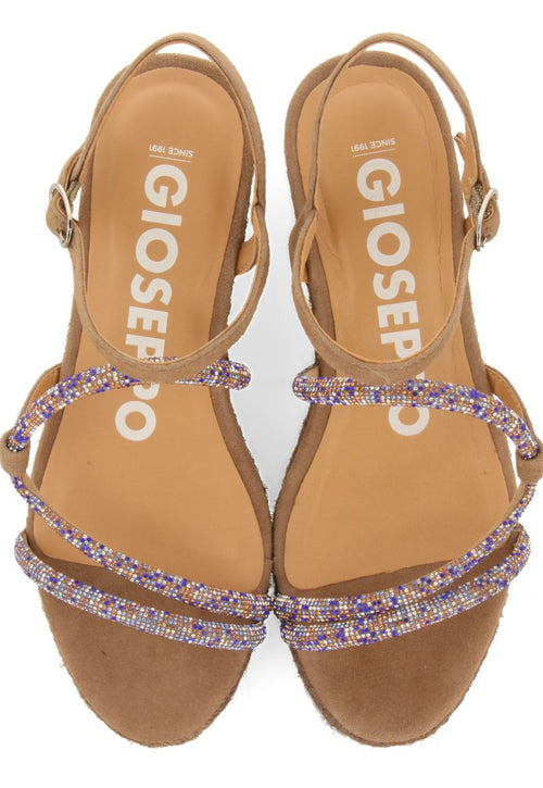 SANDÁLIAS TAUPE COM TIRAS COM CRISTAIS MULTICOLORIDOS E PLATAFORMA DE JUTA PARA MULHER TRESCO