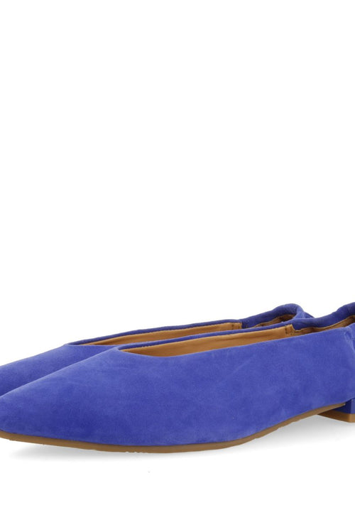 BLUE LEATHER BALLERINAS WITH POINTED TOE AND RUFFLED HEEL FOR WOMEN GAGEAC