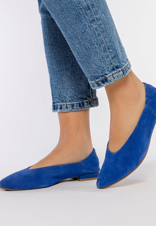 BLUE LEATHER BALLERINAS WITH POINTED TOE AND RUFFLED HEEL FOR WOMEN GAGEAC