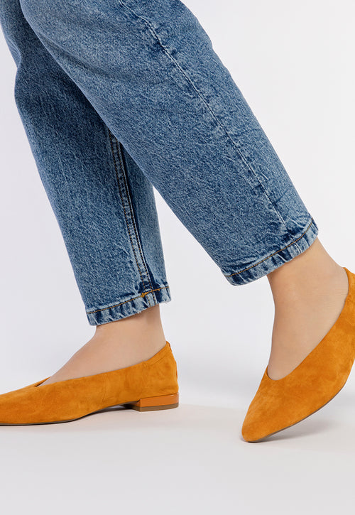 ORANGE LEATHER BALLERINAS WITH POINTED TOE AND RUFFLED HEEL FOR WOMEN GAGEAC