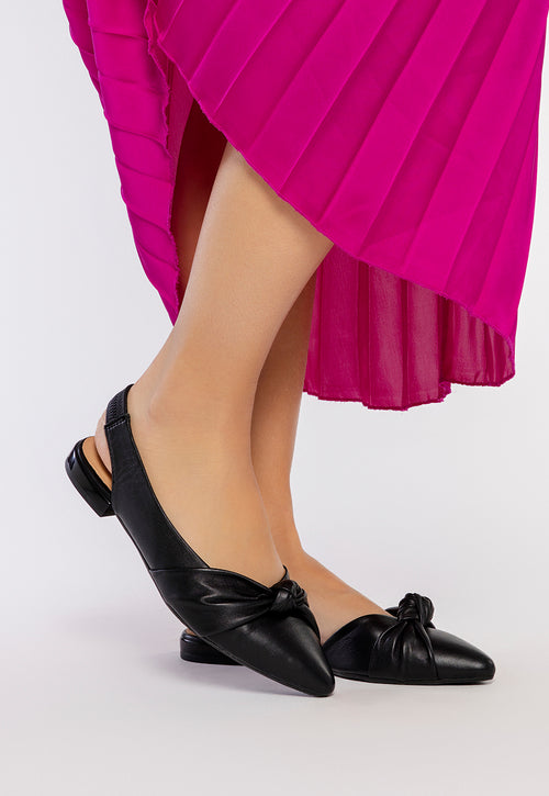 BLACK LEATHER UNHEELED BALLERINAS WITH KNOT DETAIL FOR WOMEN IBALLE