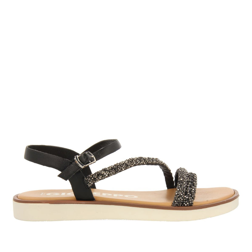 SANDALIAS NEGRAS DE PIEL CON TIRAS CON PEDRERÍA PARA MUJER WALLOWA