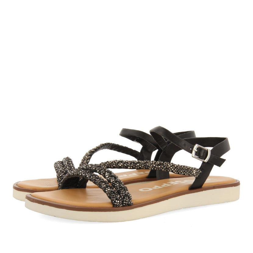 SANDALIAS NEGRAS DE PIEL CON TIRAS CON PEDRERÍA PARA MUJER WALLOWA