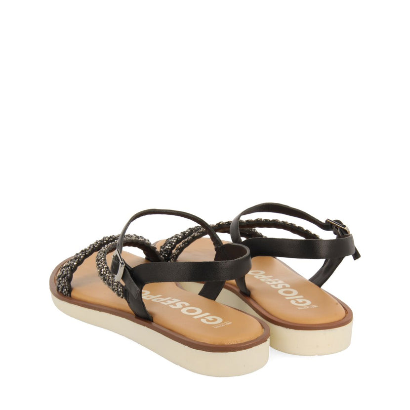 SANDALIAS NEGRAS DE PIEL CON TIRAS CON PEDRERÍA PARA MUJER WALLOWA