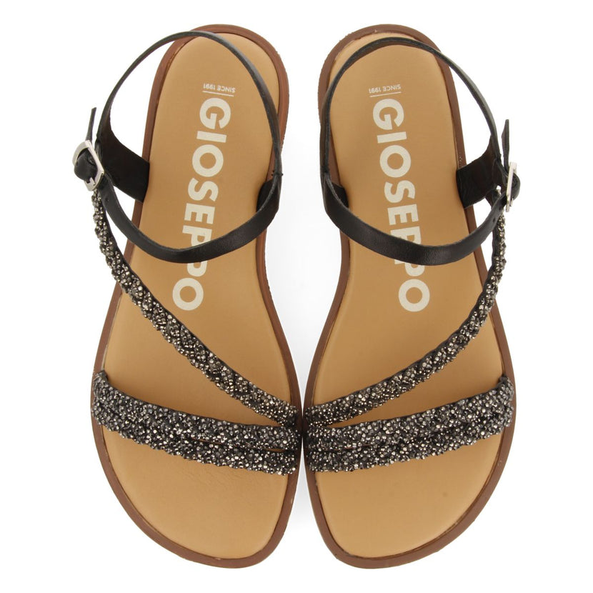 SANDALIAS NEGRAS DE PIEL CON TIRAS CON PEDRERÍA PARA MUJER WALLOWA