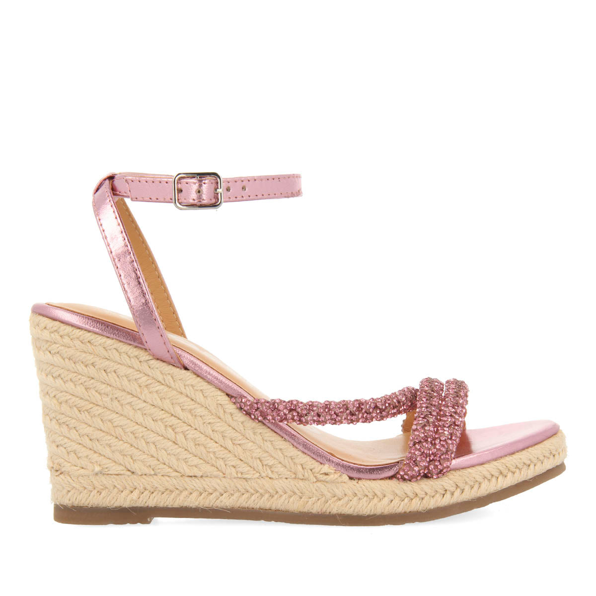 LEATHER FUCHSIA SANDALS WITH STRAPS WITH JEWELRY AND HIGH JUTE WEDGE FOR WOMEN MENFI
