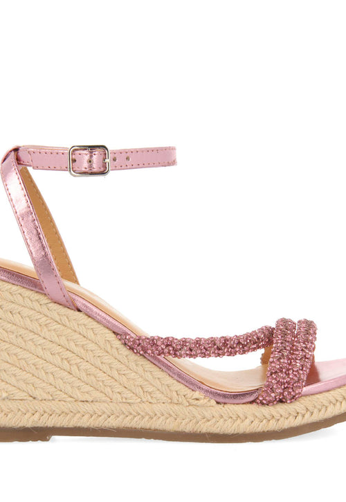 SANDÁLIAS DE PELE COR FÚCSIA COM TIRAS COM PEDRARIA E PLATAFORMA ALTA DE JUTA PARA MULHER MENFI