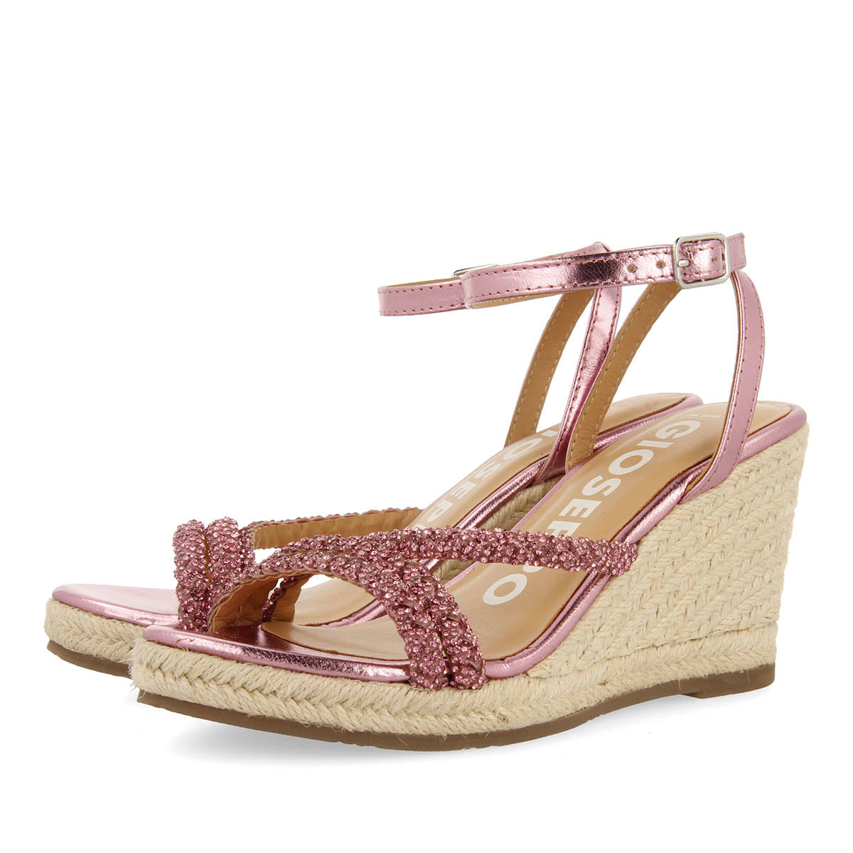 LEATHER FUCHSIA SANDALS WITH STRAPS WITH JEWELRY AND HIGH JUTE WEDGE FOR WOMEN MENFI