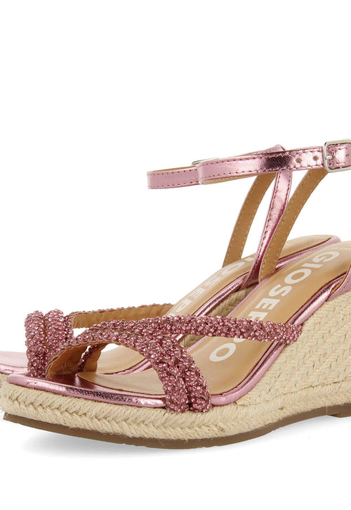 SANDÁLIAS DE PELE COR FÚCSIA COM TIRAS COM PEDRARIA E PLATAFORMA ALTA DE JUTA PARA MULHER MENFI