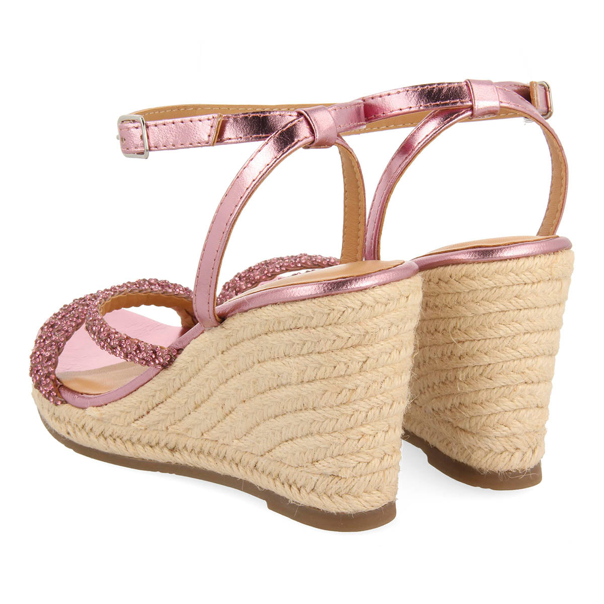 LEATHER FUCHSIA SANDALS WITH STRAPS WITH JEWELRY AND HIGH JUTE WEDGE FOR WOMEN MENFI