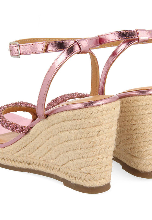 SANDÁLIAS DE PELE COR FÚCSIA COM TIRAS COM PEDRARIA E PLATAFORMA ALTA DE JUTA PARA MULHER MENFI