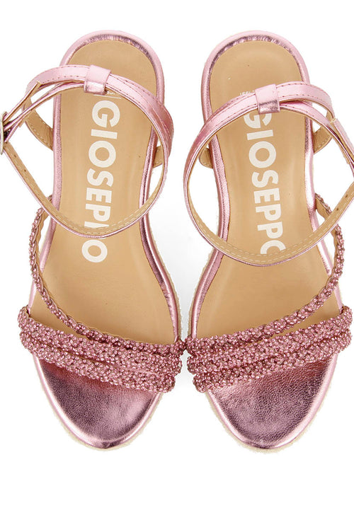 SANDÁLIAS DE PELE COR FÚCSIA COM TIRAS COM PEDRARIA E PLATAFORMA ALTA DE JUTA PARA MULHER MENFI